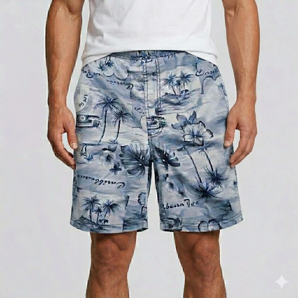 Caribbean Joe Mens L Blue Tropical Floral Island Life Board Swim‎ Shorts EUC